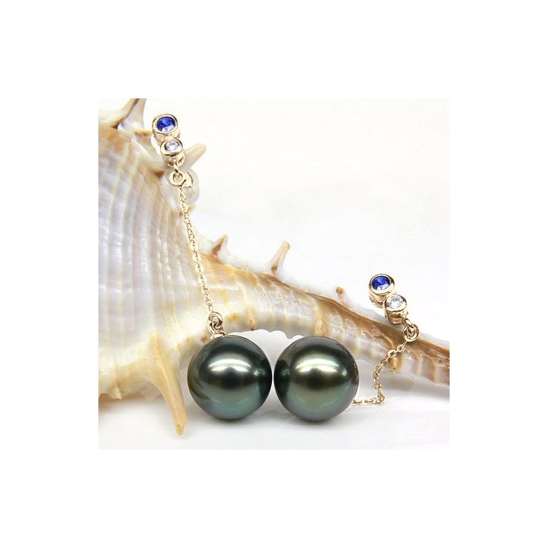 Boucles d'oreilles en or - Perles de Tahiti - Or jaune, diamants, saphirs - 2