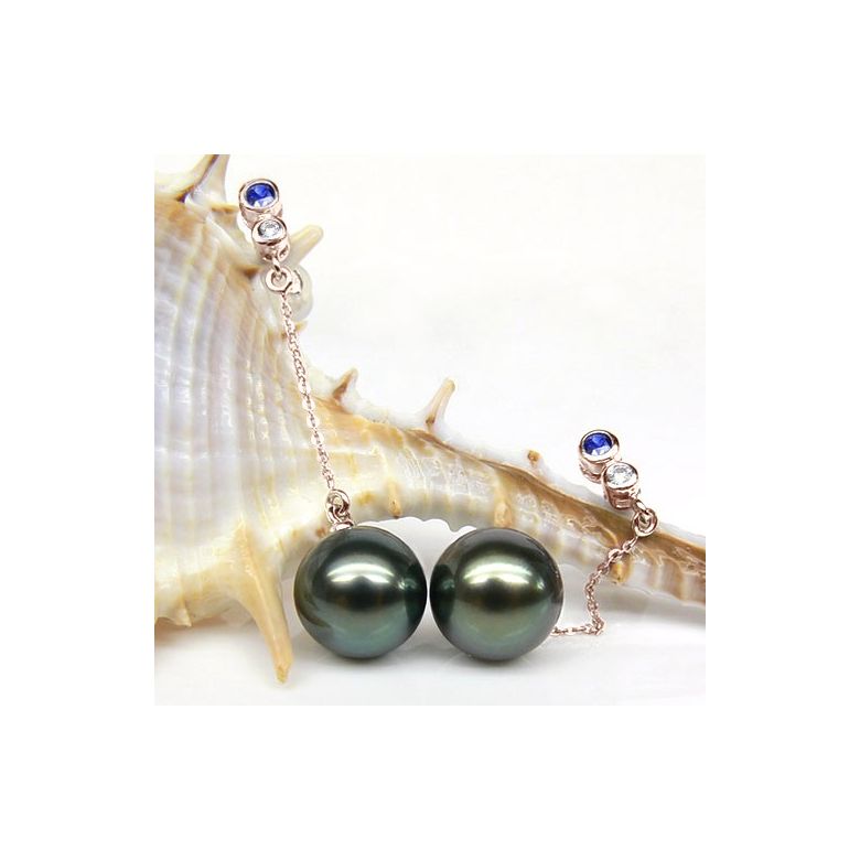 Boucles d'oreilles en or - Perles de Tahiti - Or rose, diamants, saphirs - 2