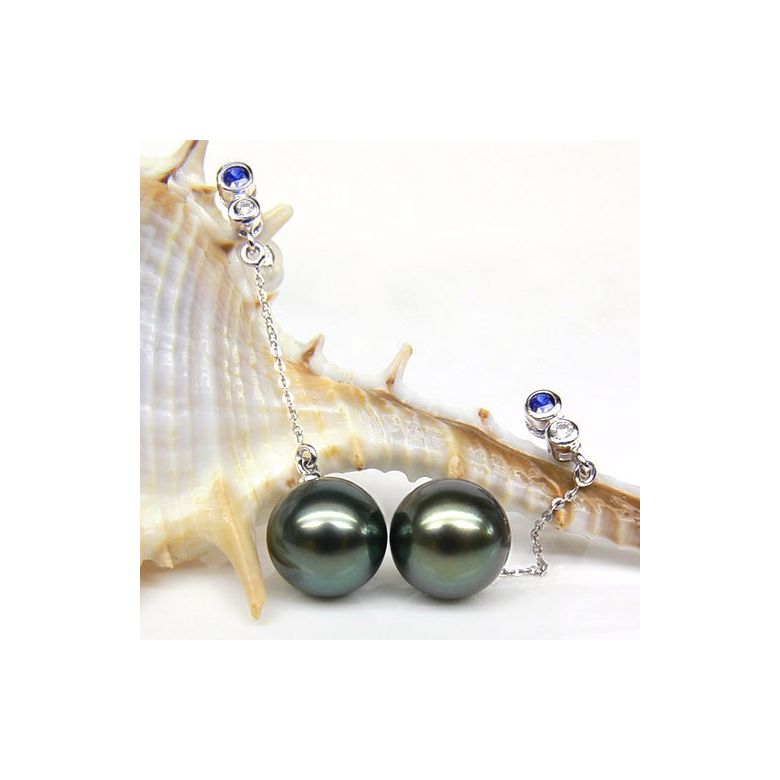 Boucles d'oreilles en or - Perles de Tahiti - Or blanc, diamants, saphirs - 2