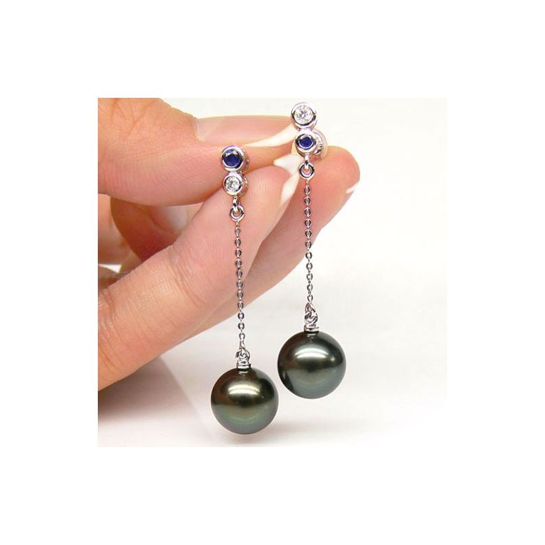 Boucles d'oreilles en or - Perles de Tahiti - Or blanc, diamants, saphirs - 3