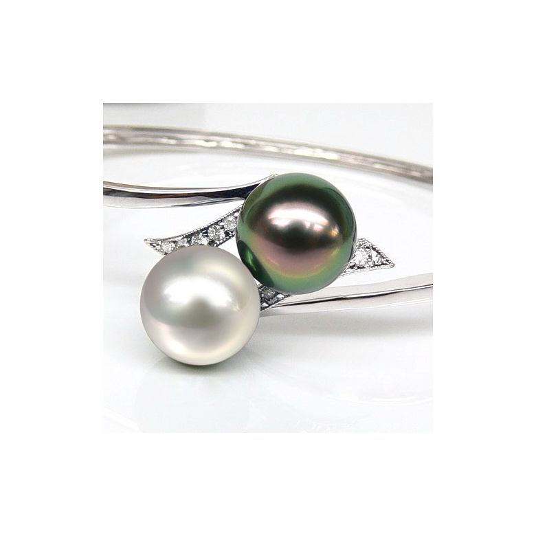 Bracelet or blanc, diamants et perles des mers du sud multicolores - 3