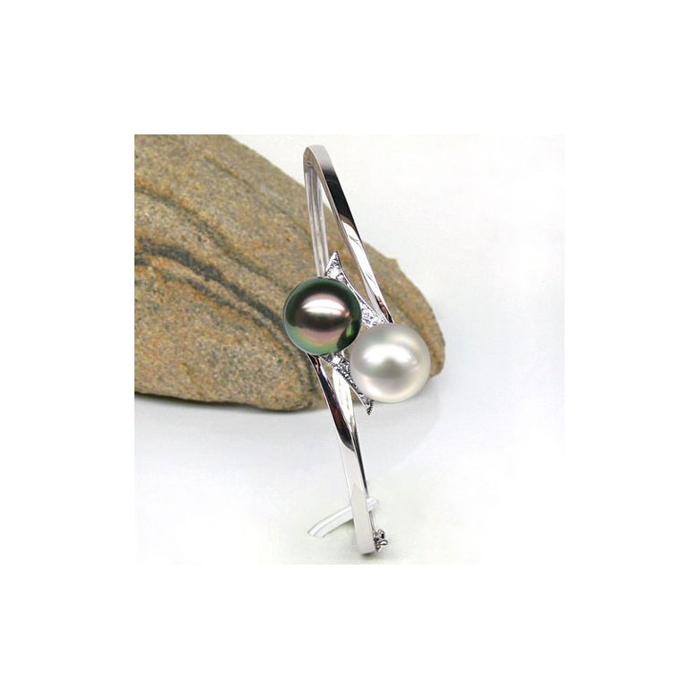 Bracelet or blanc, diamants et perles des mers du sud multicolores - 4