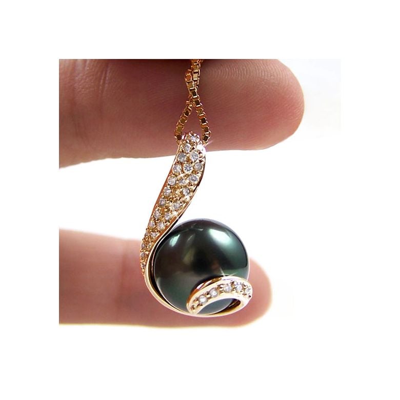 Pendentif écharpe diamantée - Perle de Tahiti noire, bronze - Or jaune - 5