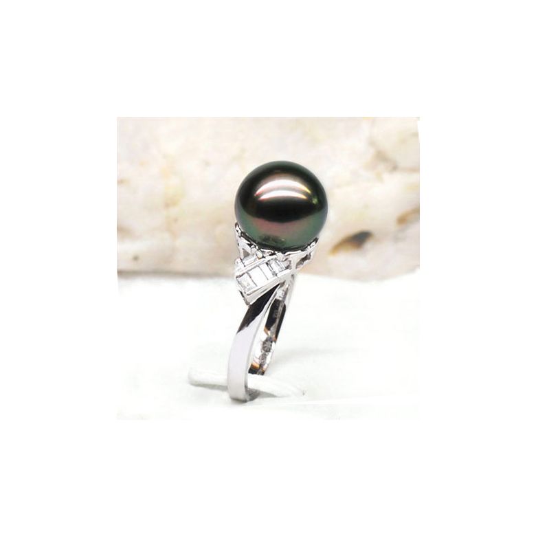 Bague géométrique or blanc - Perle de Tahiti - Diamants princesses - 2