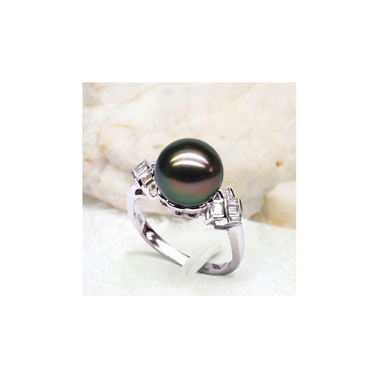 Bague géométrique or blanc - Perle de Tahiti - Diamants princesses - 3