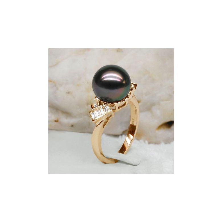 Bague Java Géométrique or jaune - Perle de Tahiti - Diamants princesses - 4