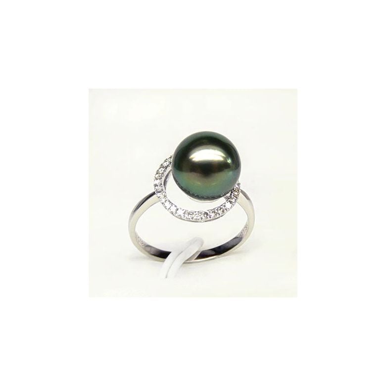 Bague or blanc - Perle de Tahiti encerclée - Diamants sertis griffes - 3