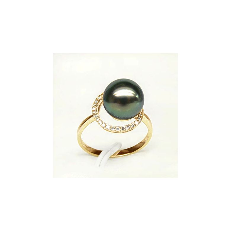 Bague or jaune - Perle de Tahiti encerclée - Diamants sertis griffes - 5