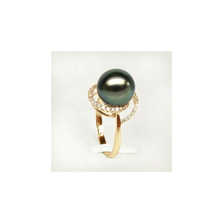Bague or jaune - Perle de Tahiti encerclée - Diamants sertis griffes - 3