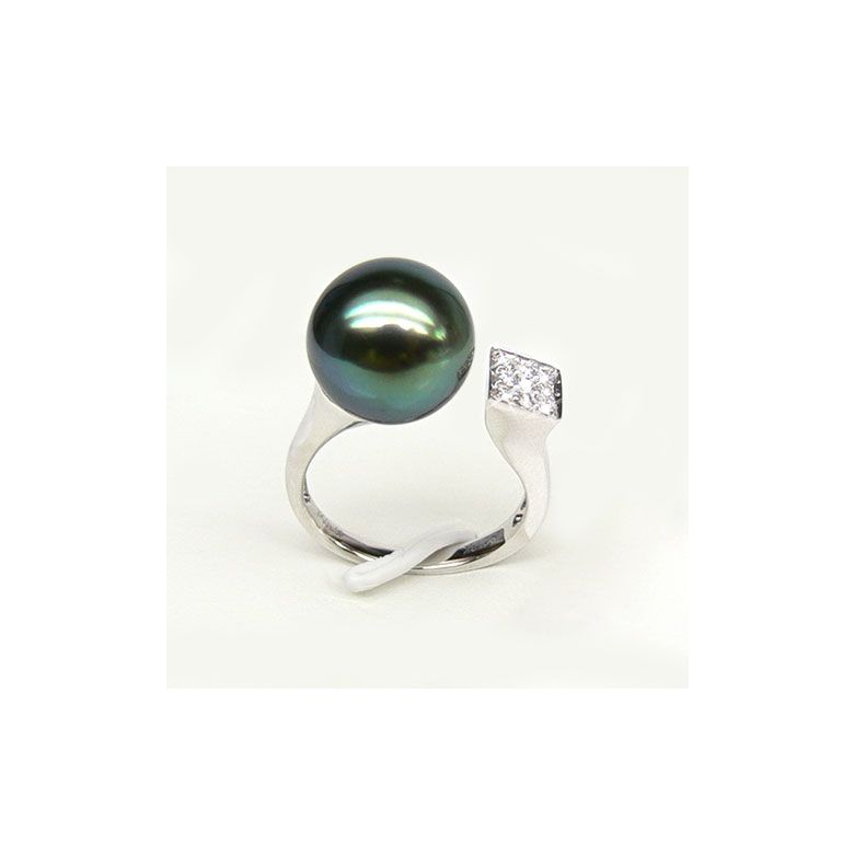 Création bague or blanc - Perle de Tahiti - Pavage diamants - 3