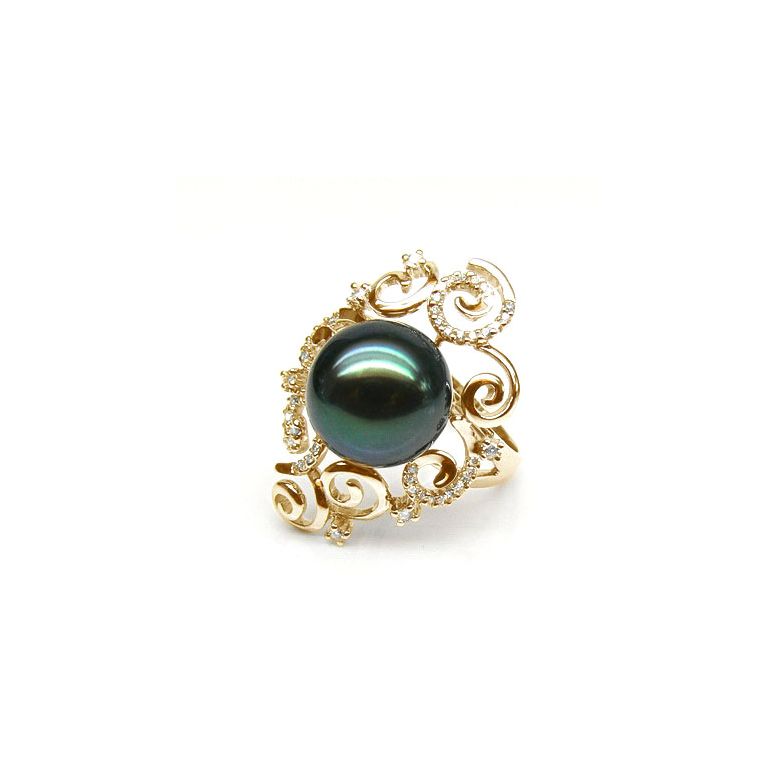 Bague Mindanao - Perle de Tahiti - Or jaune, diamants sertis griffes - 2