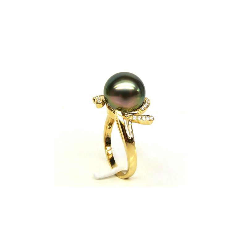 Bague fleur or jaune - Perle de Tahiti - Diamants enchassés aux pétales - 3