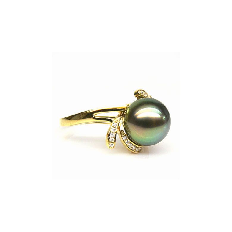 Bague fleur or jaune - Perle de Tahiti - Diamants enchassés aux pétales - 4