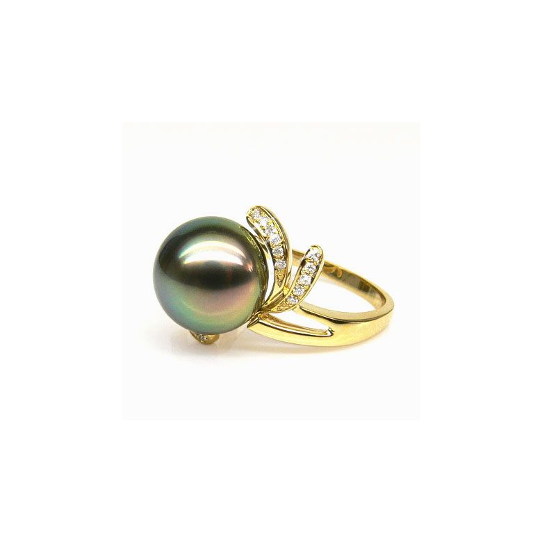 Bague fleur or jaune - Perle de Tahiti - Diamants enchassés aux pétales - 5