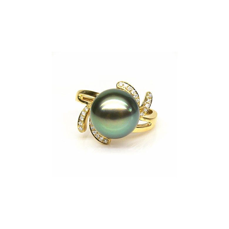 Bague fleur or jaune - Perle de Tahiti - Diamants enchassés aux pétales - 1
