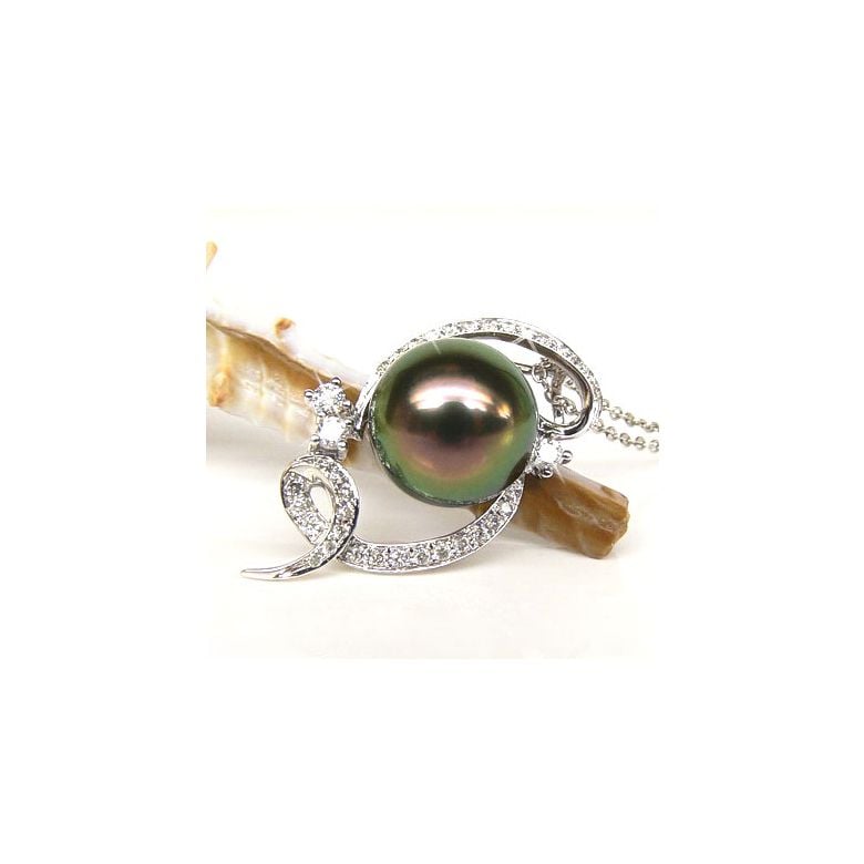 Pendentif Joaillerie Perle Tahiti. Or blanc, Diamant - 2