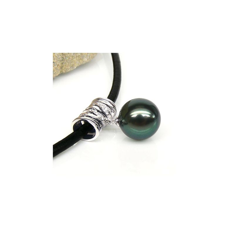 Pendentif circulaire avec cordon - Perle de Tahiti - Or blanc, diamants - 2