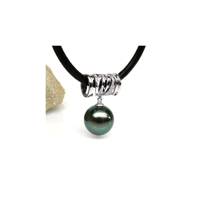 Pendentif circulaire avec cordon - Perle de Tahiti - Or blanc, diamants - 3