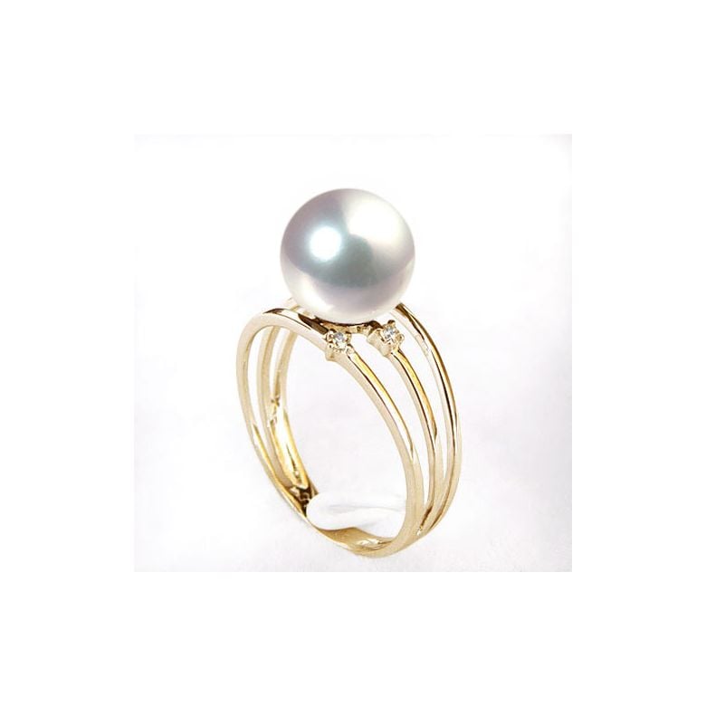 Bague or jaune - Perle Akoya blanche Japon - 3 anneaux, diamants - 2