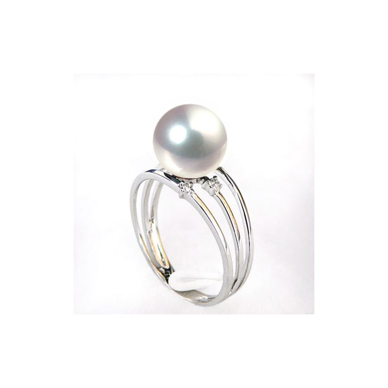 Bague or blanc - Perle Akoya blanche Japon - 3 anneaux, diamants - 2
