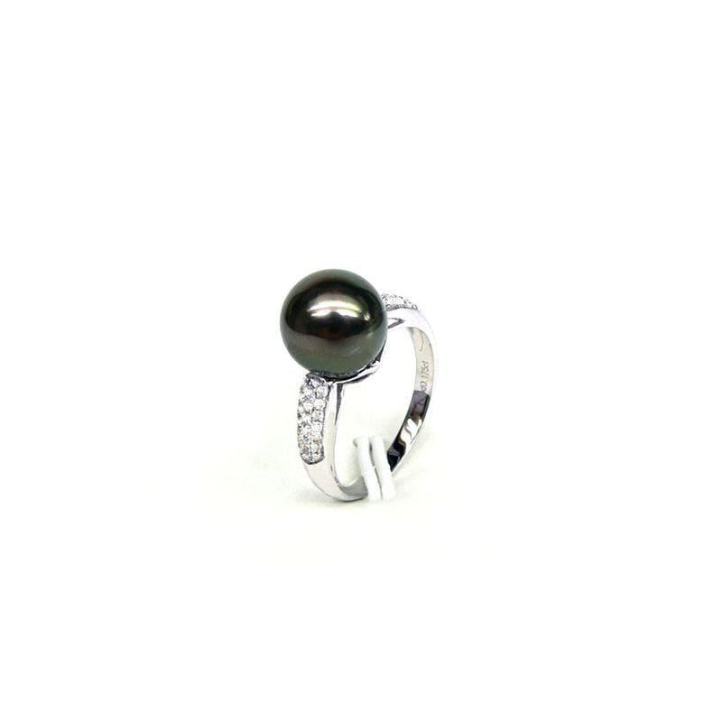 Bague solitaire perle de Tahiti - Or blanc, diamants - 3