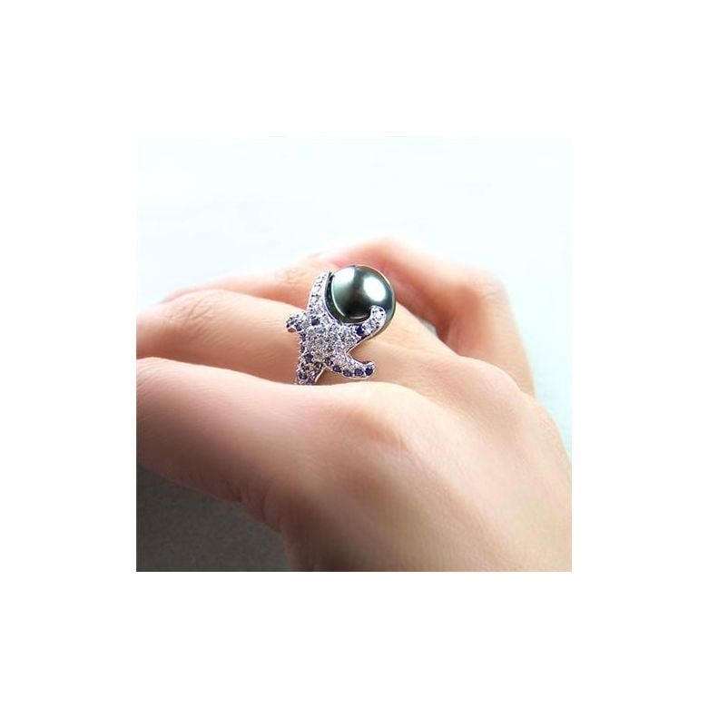 Bague étoile de mer - Perle de Tahiti - Or blanc, diamants, saphirs - 5