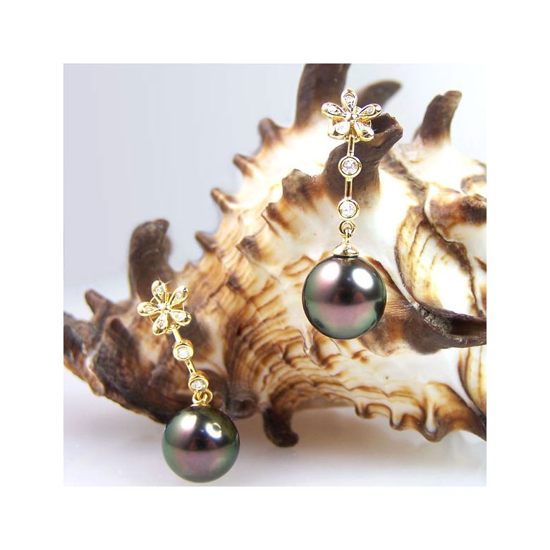 Création Boucles d'oreilles fleurs - Perles de Tahiti - Pendants or jaune, diamants - 2
