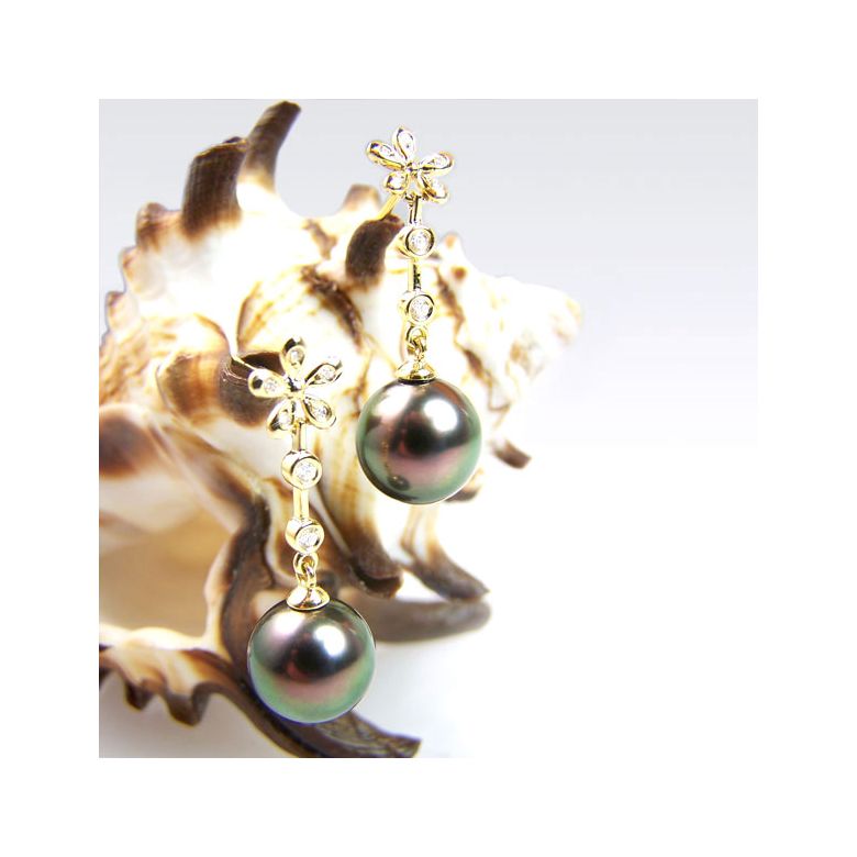 Création Boucles d'oreilles fleurs - Perles de Tahiti - Pendants or jaune, diamants - 3