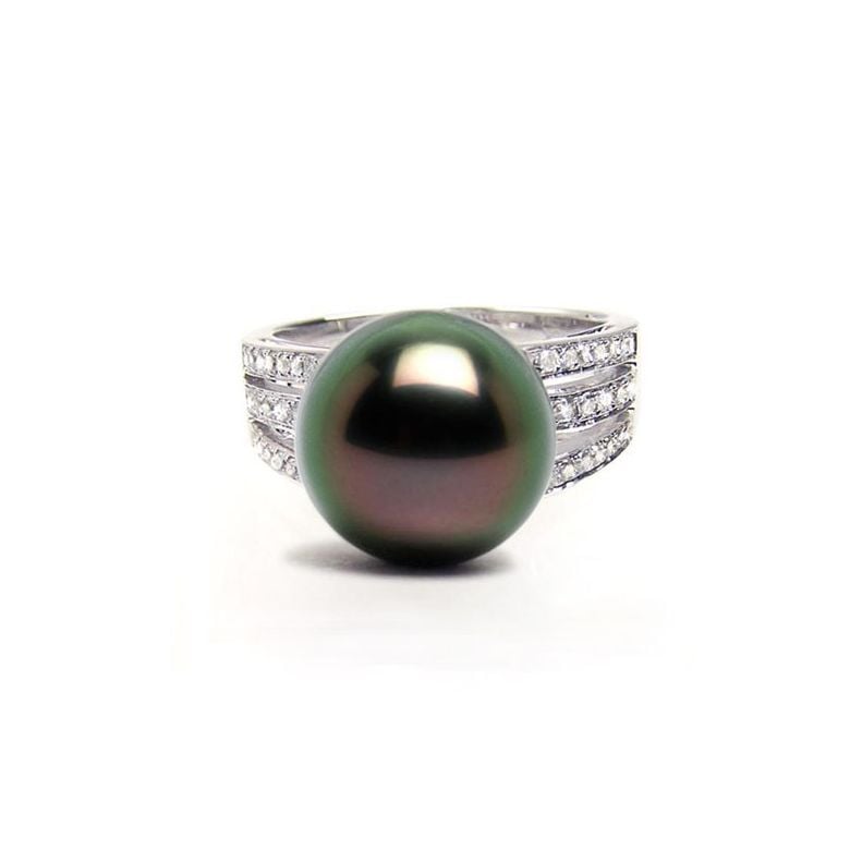 Bague perle de Tahiti - Or blanc - Pavage diamants micro sertis - 5