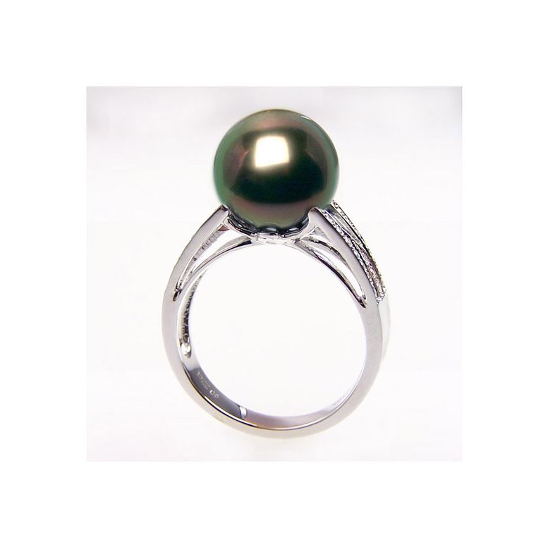 Bague perle de Tahiti - Or blanc - Pavage diamants micro sertis - 6