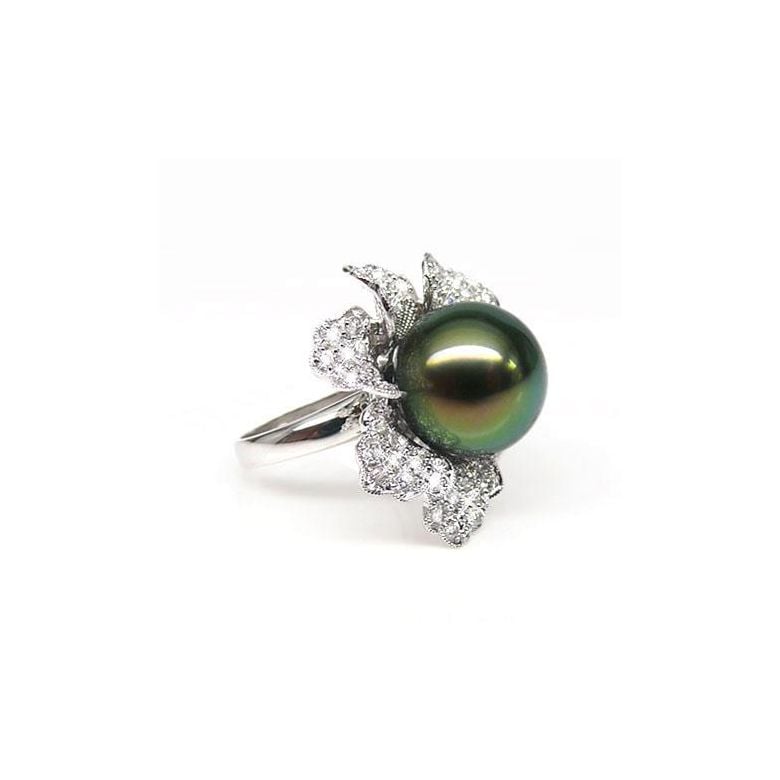 Bague perle de Tahiti - Pétales, fleur pavée de diamants - Or blanc - 1