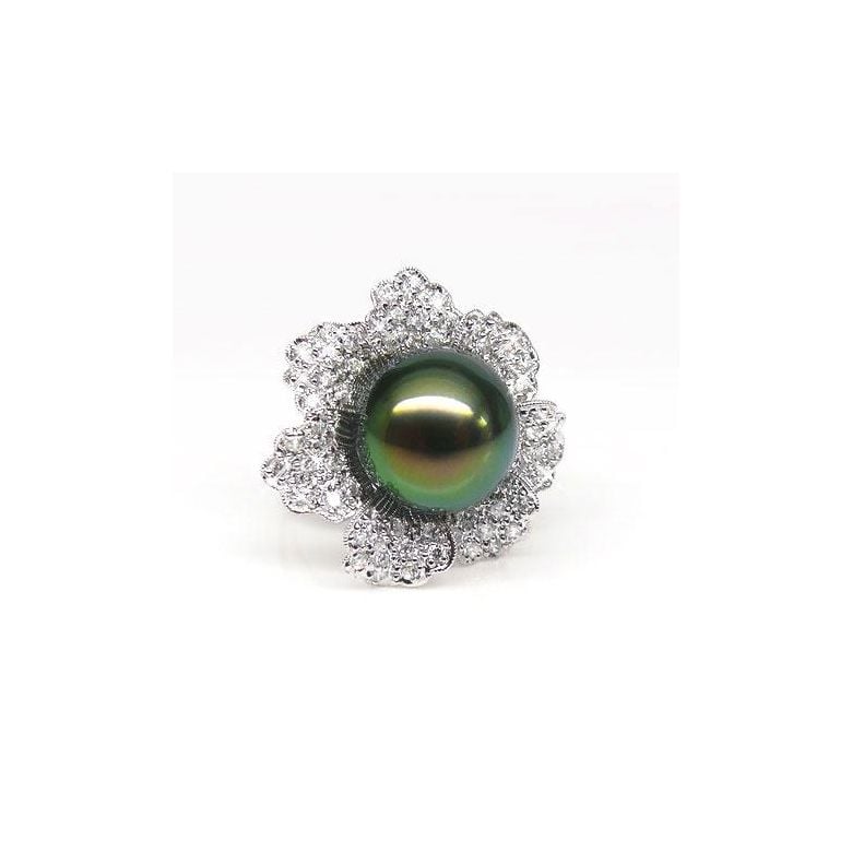 Bague perle de Tahiti - Pétales, fleur pavée de diamants - Or blanc - 2