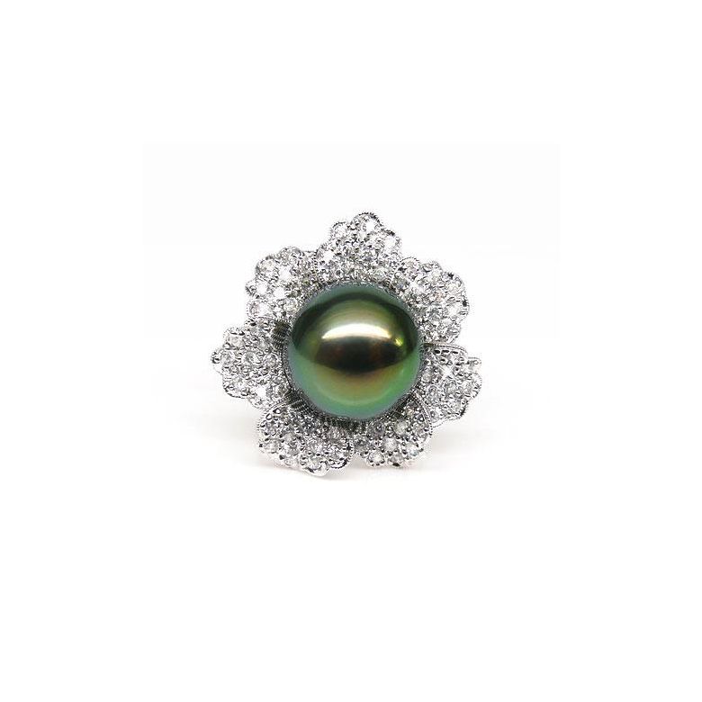 Bague perle de Tahiti - Pétales, fleur pavée de diamants - Or blanc - 3