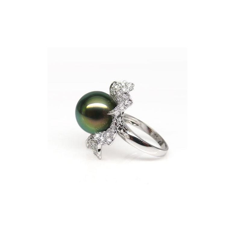 Bague perle de Tahiti - Pétales, fleur pavée de diamants - Or blanc - 4