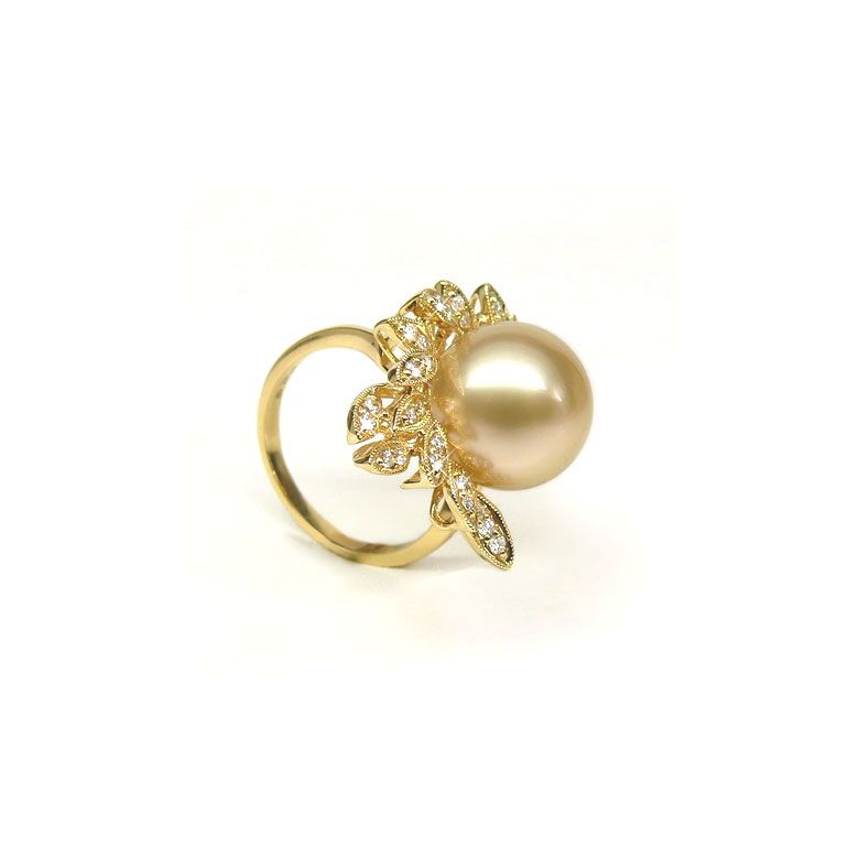 Bague perle australienne - Pétales d'or jaune ajourées, diamants - 4