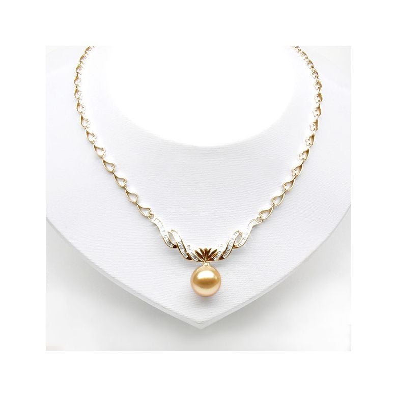 Collier maille coeur - Or jaune, diamants - Perle Australie dorée - 6