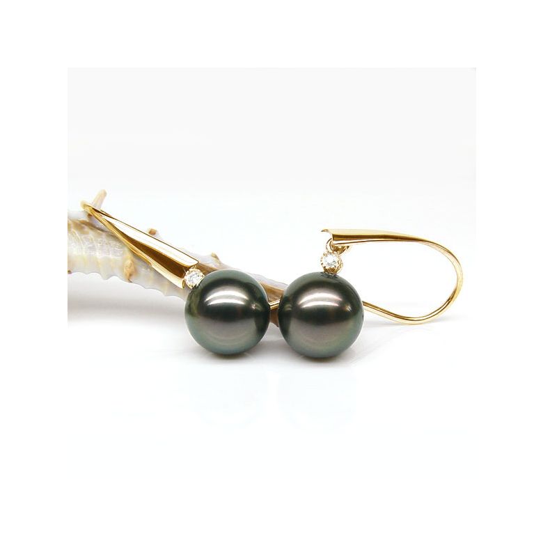 Boucles oreilles perles Tahiti - Crochets perles noires paons - Or jaune - 2