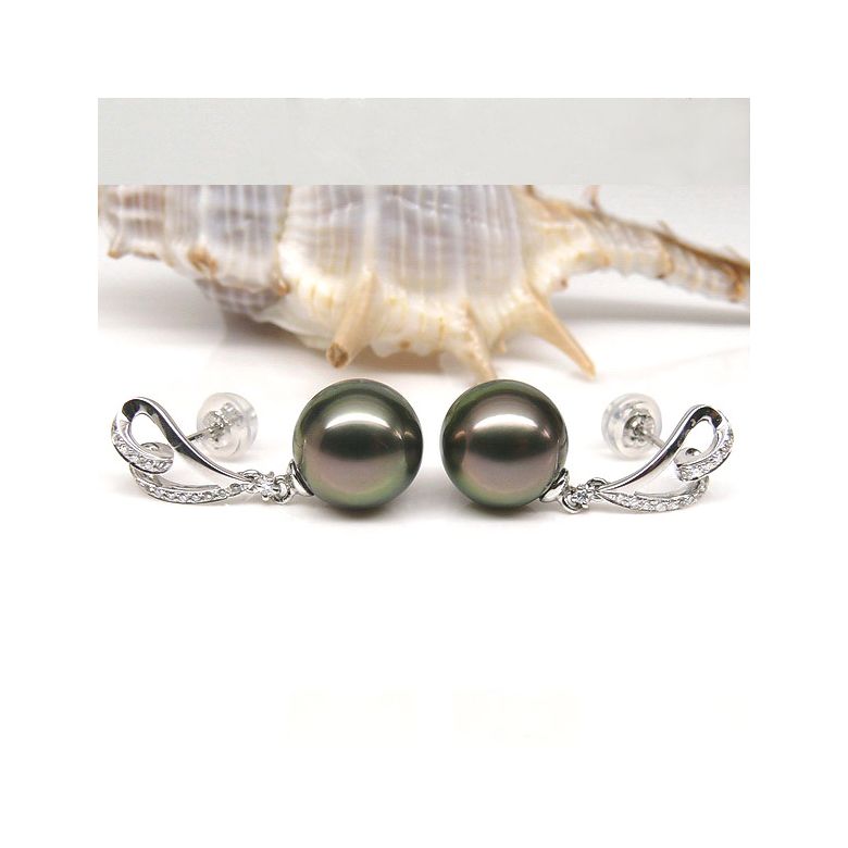 Boucles oreilles coeurs - Perles de Tahiti paons aubergines - Or blanc - 2
