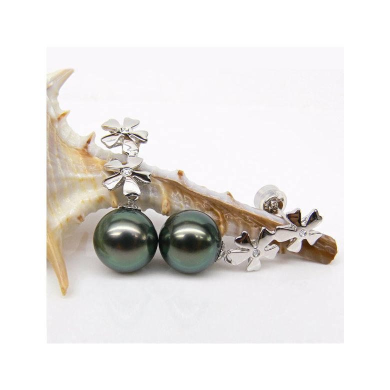 Boucles oreilles fleurs - Pendants perles Tahiti bleus vertes - Or blanc - 1