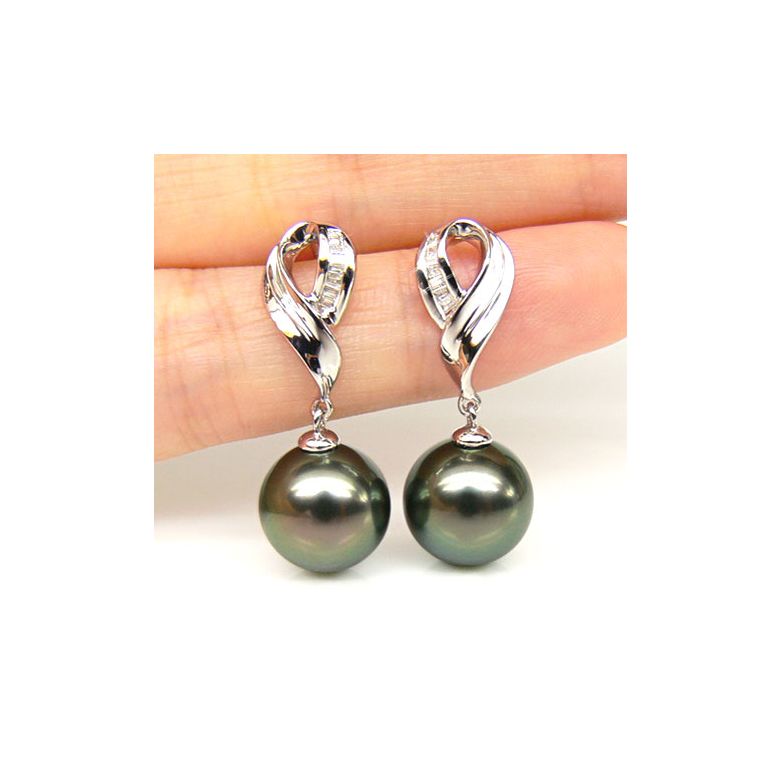 Boucles oreilles perles noires - Perle de Tahiti - Or blanc - Diamants sertis rails - 4