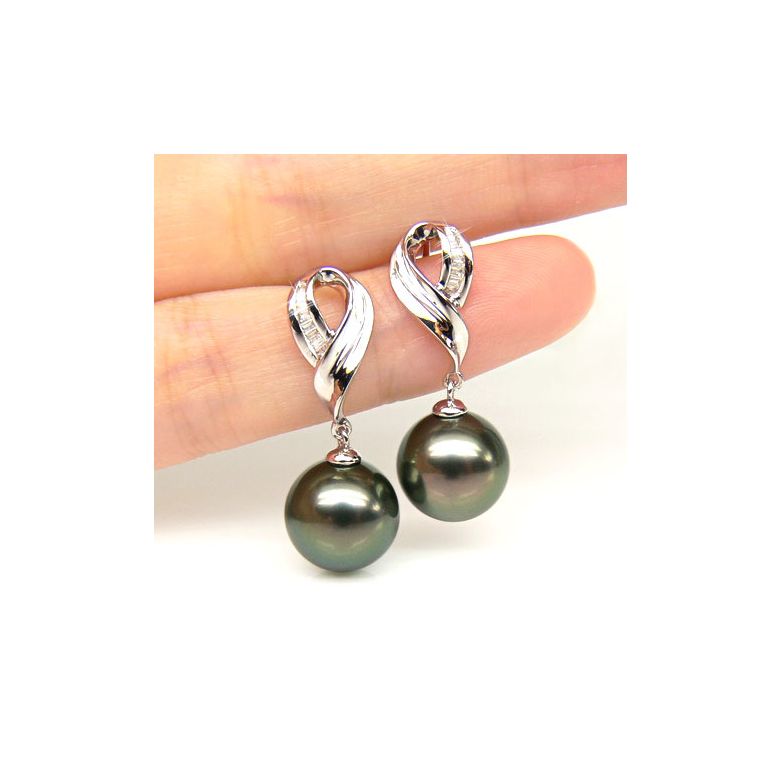 Boucles oreilles perles noires - Perle de Tahiti - Or blanc - Diamants sertis rails - 2