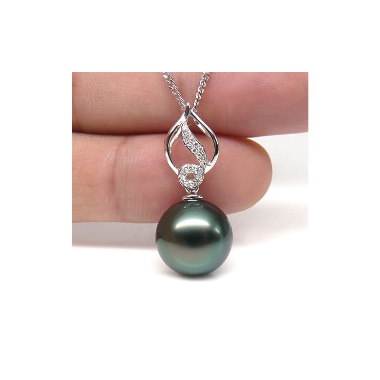 Pendentif feuille or blanc diamanté - Perle de Tahiti noire, bleue verte - 2