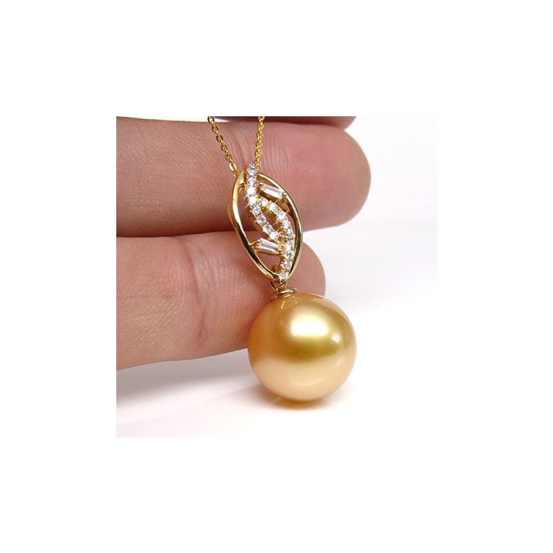 Pendentif feuilles d'or diamantées - Perle d'Australie dorée - 4