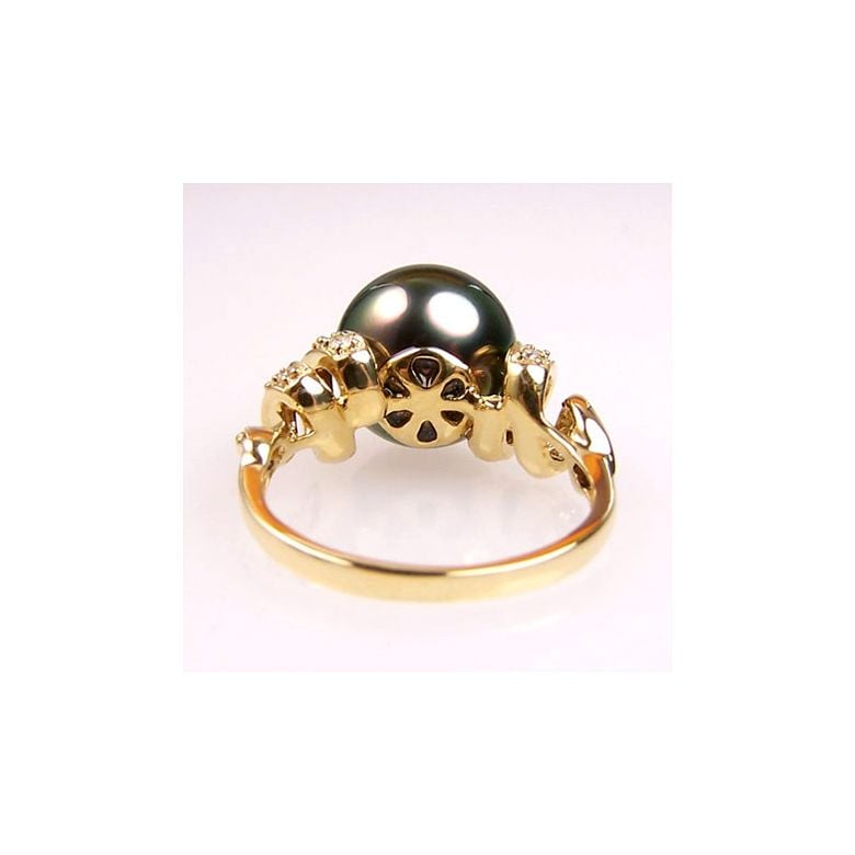 Bague or jaune stylée 2 époques - Perle Tahiti émeraude rosée, Diamants - 3