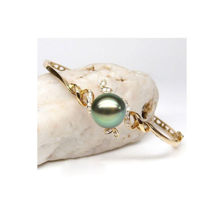 Bracelet jonc - Perle de Tahiti noire - Or jaune, diamants - 3