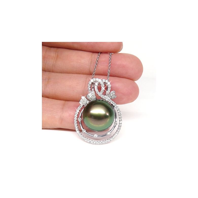 Pendentif 3 coeurs - Amour - Perle de Tahiti - Or blanc, diamants - 3