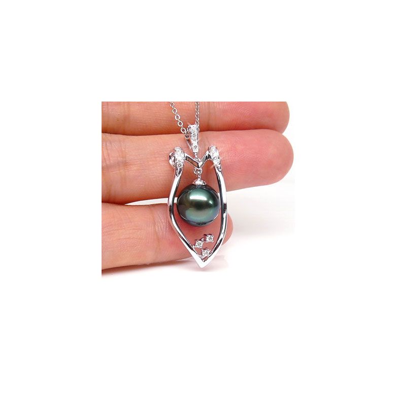 Pendentif protection - Bouclier - Perle de Tahiti - Or blanc, diamants - 3