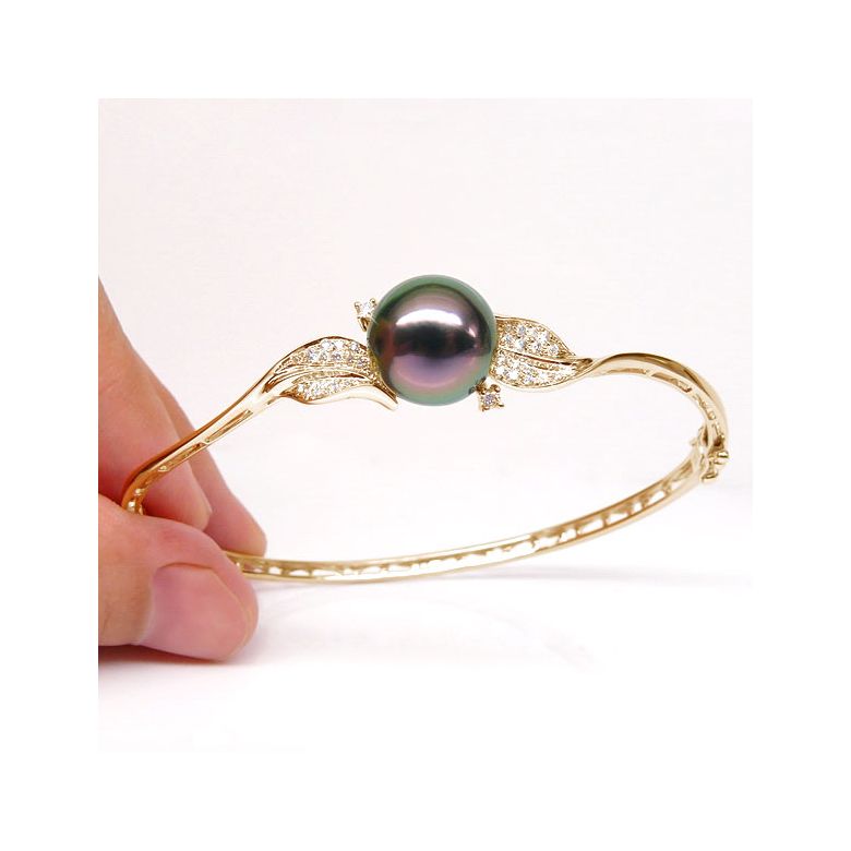 Bracelet jonc - Perle de Tahiti - Pavage feuilles - Or jaune, diamants - 3