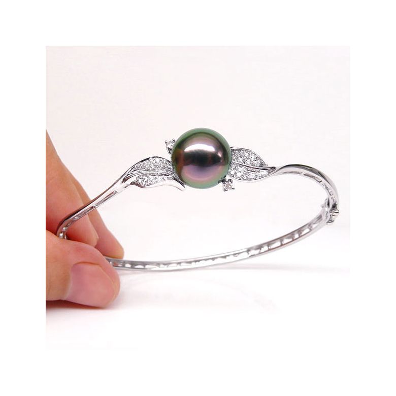 Bracelet jonc - Perle de Tahiti - Pavage feuilles - Or blanc, diamants - 3