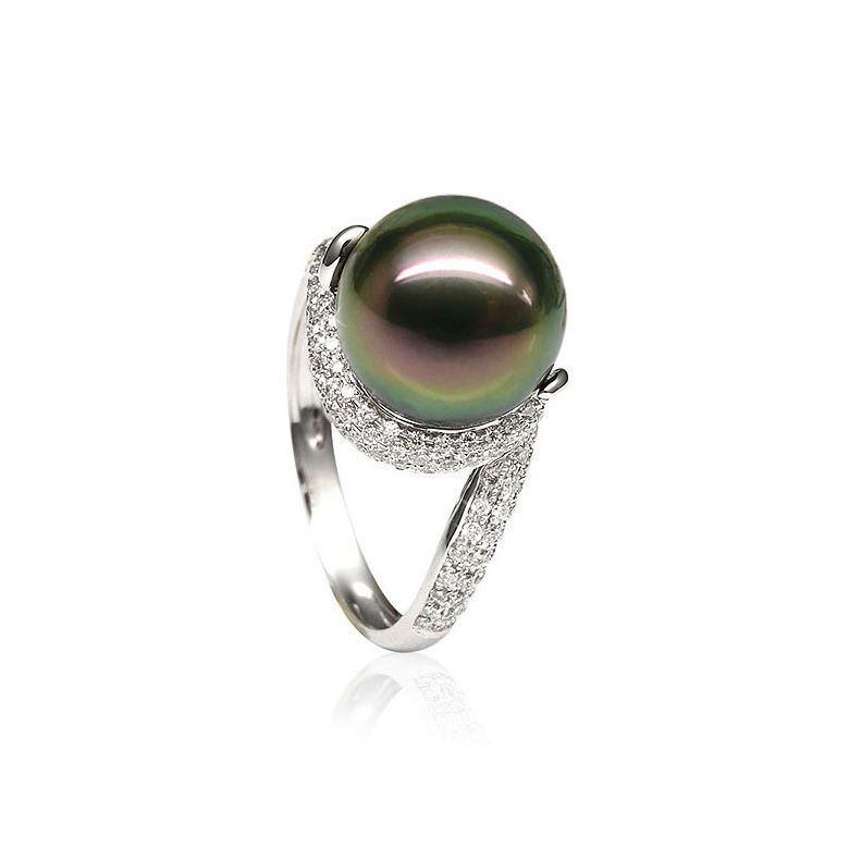 Bague perle de polynésie, Tahiti - Or blanc, diamants micro sertis - 2